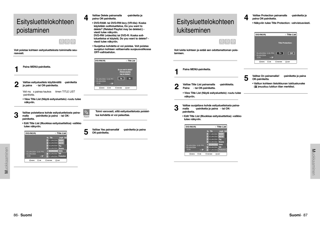 Samsung DVD-VR300E/XEE manual Esitysluettelokohteen poistaminen, Esitysluettelokohteen lukitseminen 