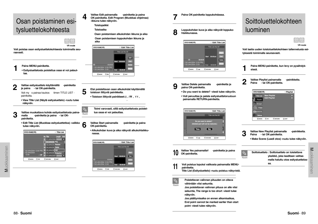 Samsung DVD-VR300E/XEE manual Osan poistaminen esi- tysluettelokohteesta, Soittoluettelokohteen luominen 