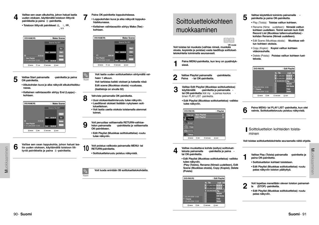 Samsung DVD-VR300E/XEE manual Soittoluettelokohteen muokkaaminen, Soittoluettelon kohteiden toista- minen 