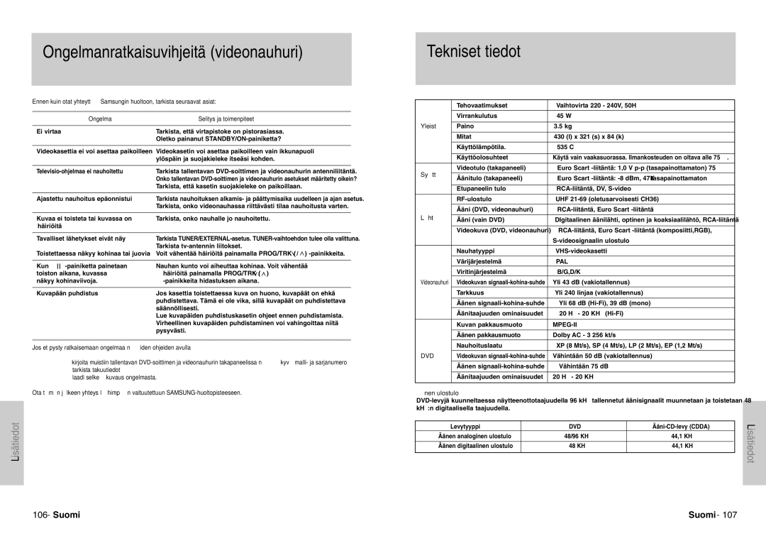 Samsung DVD-VR300E/XEE manual Ongelmanratkaisuvihjeitä videonauhuri, Tekniset tiedot 