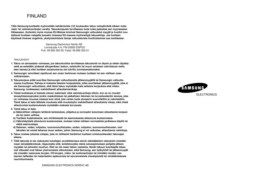 Samsung DVD-VR300E/XEE manual Finland 