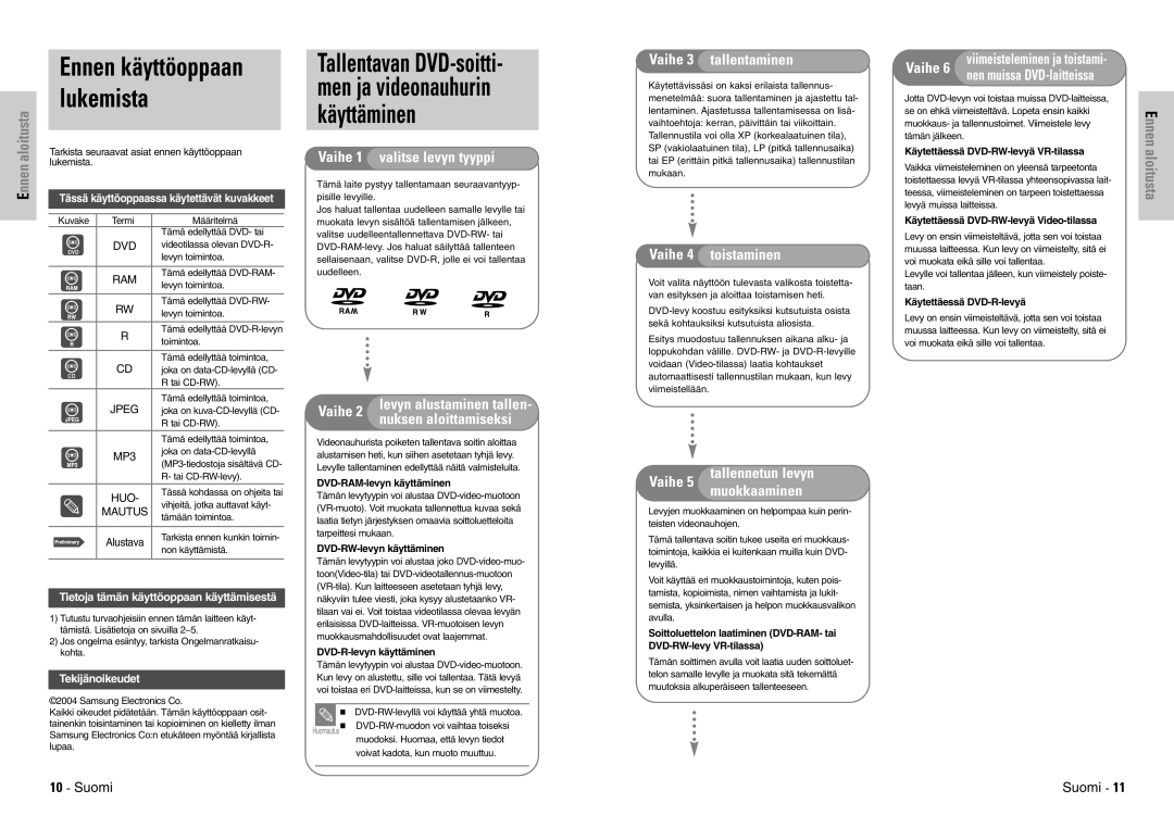 Samsung DVD-VR300E/XEE manual Käyttäminen, Ennen käyttöoppaan lukemista 