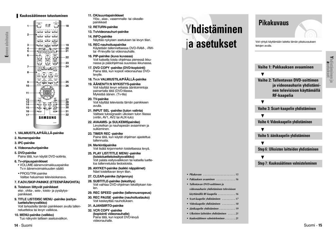 Samsung DVD-VR300E/XEE manual Pikakuvaus, Kaukosäätimeen tutustuminen 