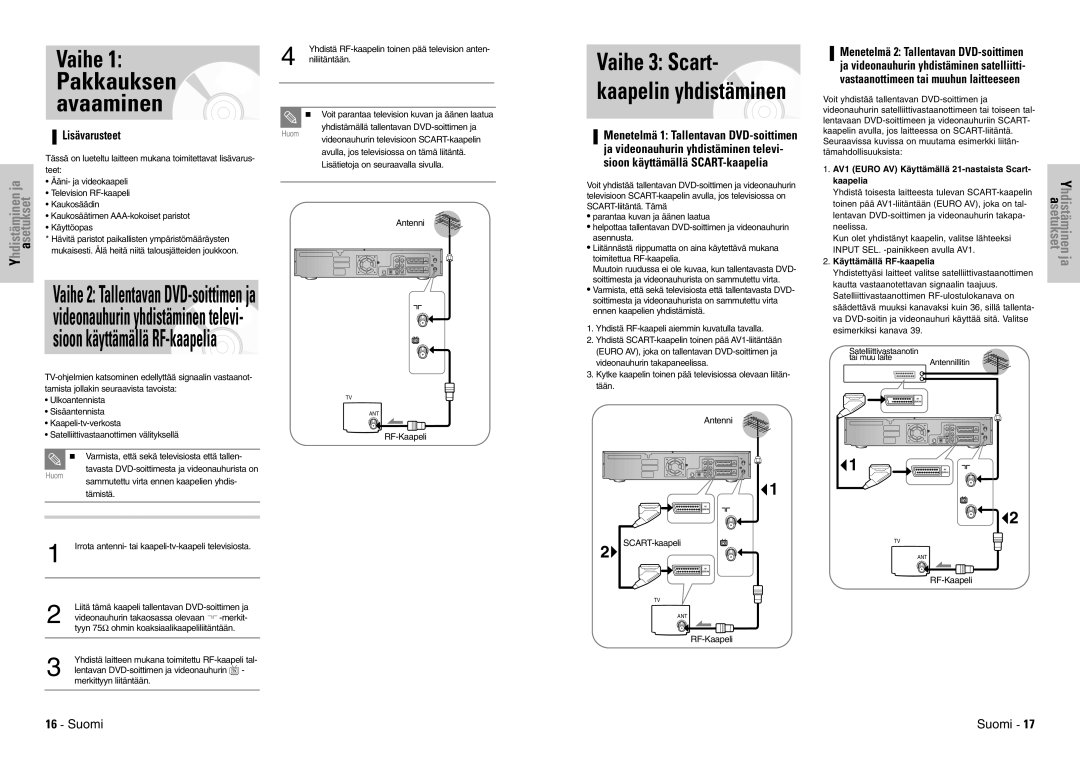 Samsung DVD-VR300E/XEE manual Vaihe 3 Scart- kaapelin yhdistäminen, Lisävarusteet, Käyttämällä RF-kaapelia 