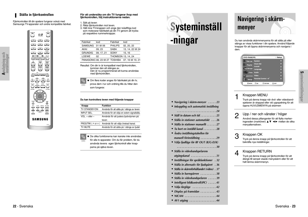 Samsung DVD-VR300E/XEE manual Systeminställningar, Ställa in fjärrkontrollen 