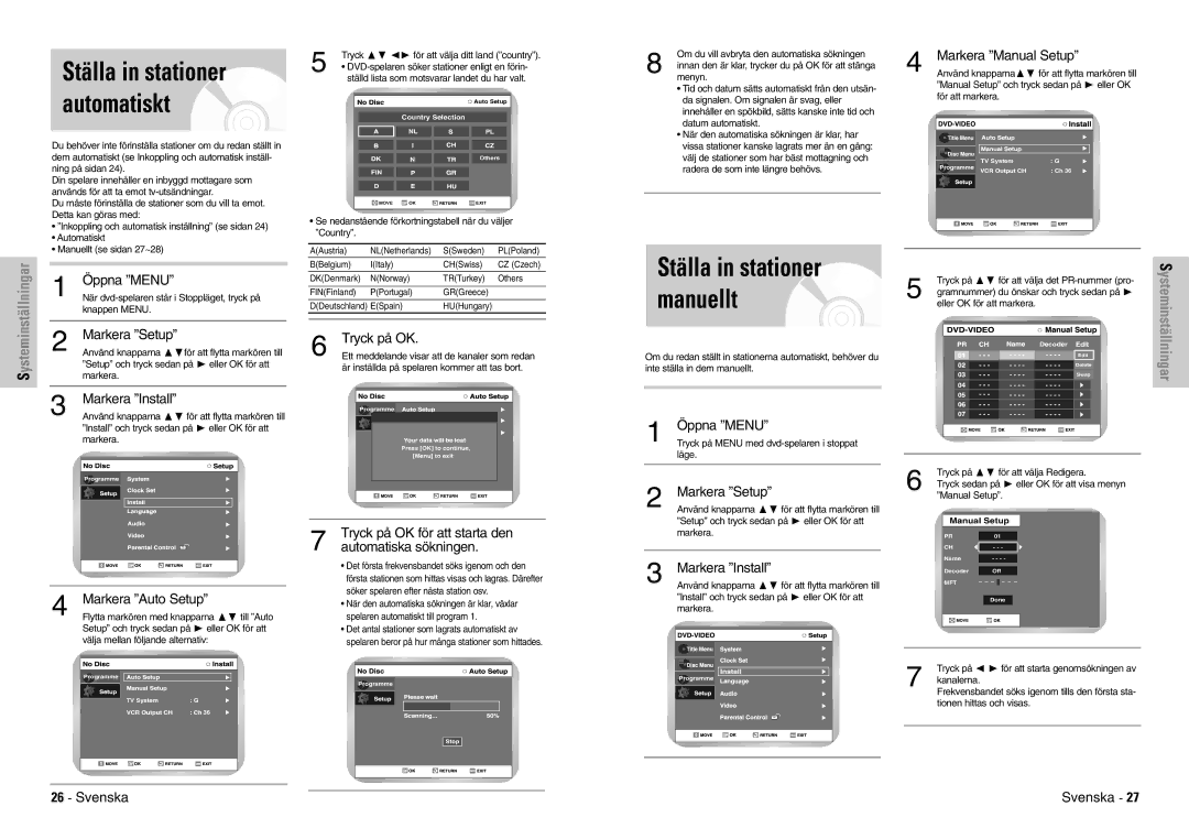 Samsung DVD-VR300E/XEE manual Ställa in stationer automatiskt, Ställa in stationer manuellt, Tryck på OK 