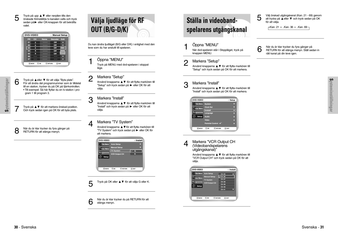 Samsung DVD-VR300E/XEE manual Spelarens utgångskanal, Markera TV System, Videobandspelarens, Utgångskanal 