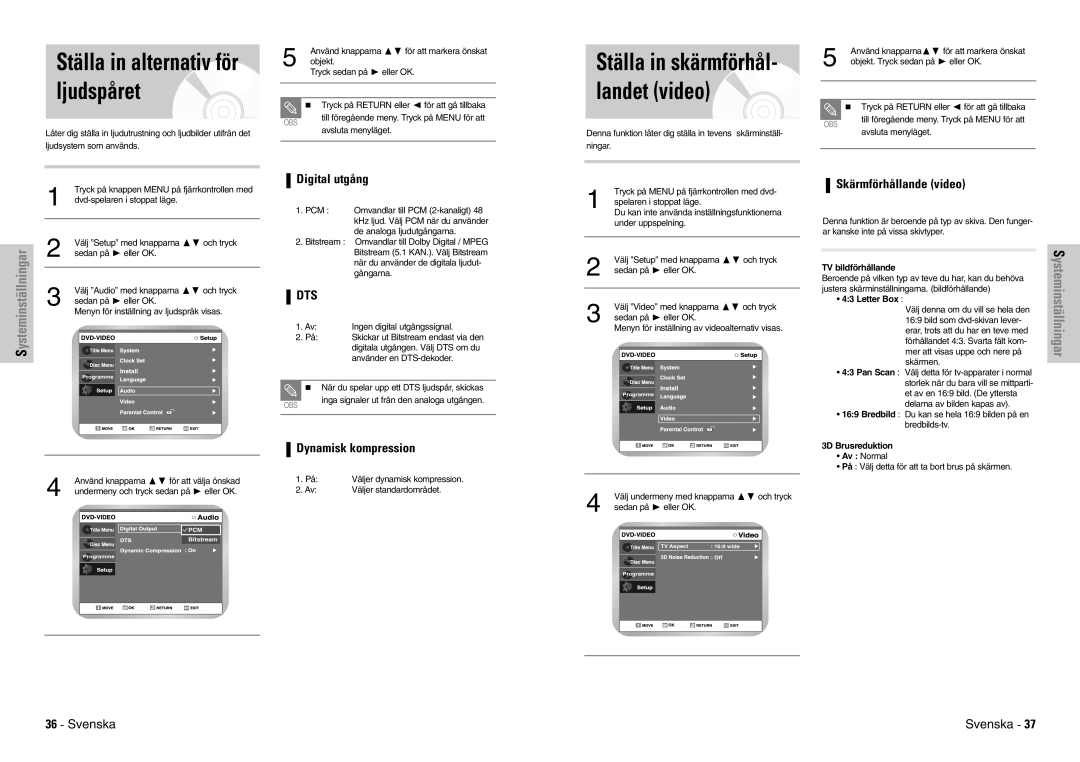 Samsung DVD-VR300E/XEE manual Ljudspåret, Ställa in skärmförhål- landet video, Dts 