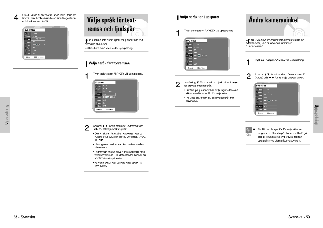 Samsung DVD-VR300E/XEE manual Ändra kameravinkel, Välja språk för text- remsa och ljudspår, Välja språk för textremsan 
