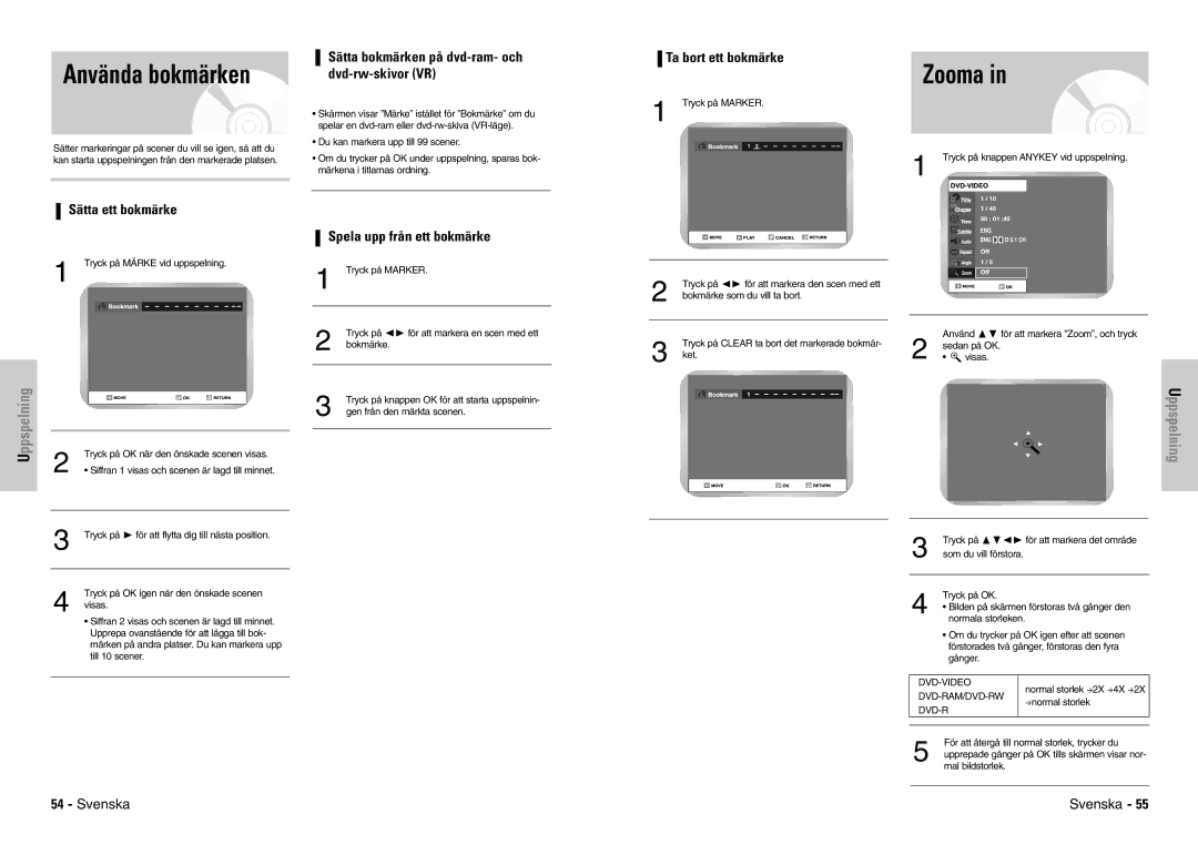 Samsung DVD-VR300E/XEE Zooma, Sätta bokmärken på dvd-ram- och dvd-rw-skivor VR, Ta bort ett bokmärke, Sätta ett bokmärke 