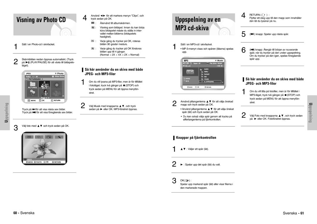 Samsung DVD-VR300E/XEE Uppspelning av en MP3 cd-skiva, Så här använder du en skiva med både JPEG- och MP3-filer, Return 