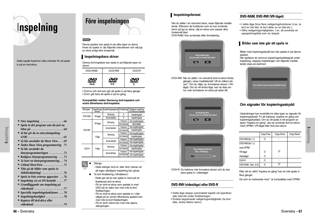 Samsung DVD-VR300E/XEE manual Före inspelningen, Inspelning 