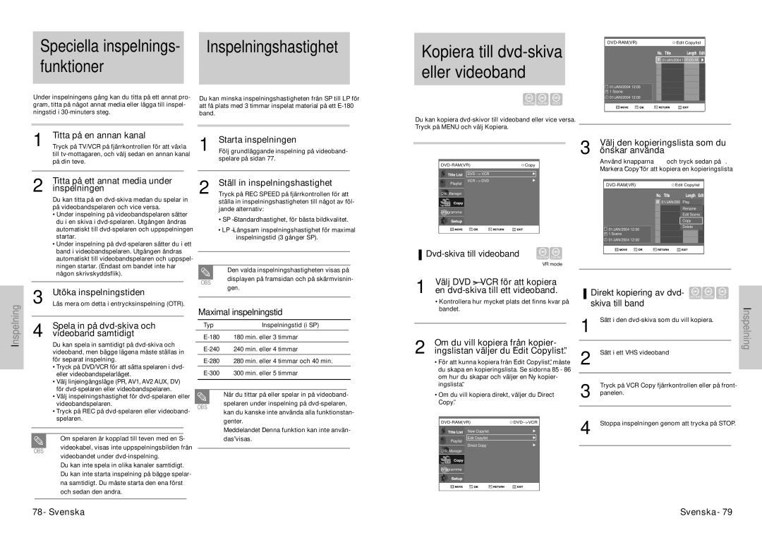 Samsung DVD-VR300E/XEE manual Funktioner, Dvd-skiva till videoband, Direkt kopiering av dvd, Skiva till band 