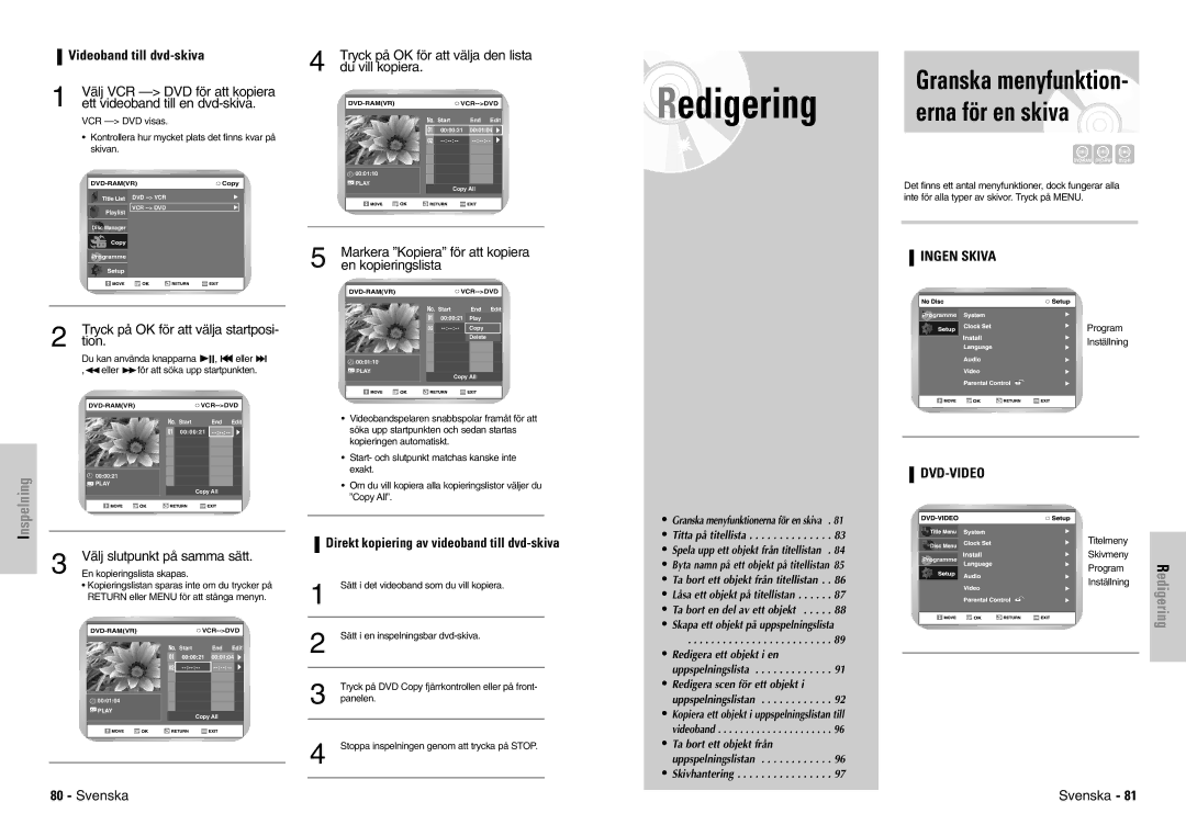 Samsung DVD-VR300E/XEE manual Granska menyfunktion- erna för en skiva, Tryck på OK för att välja den lista, Du vill kopiera 