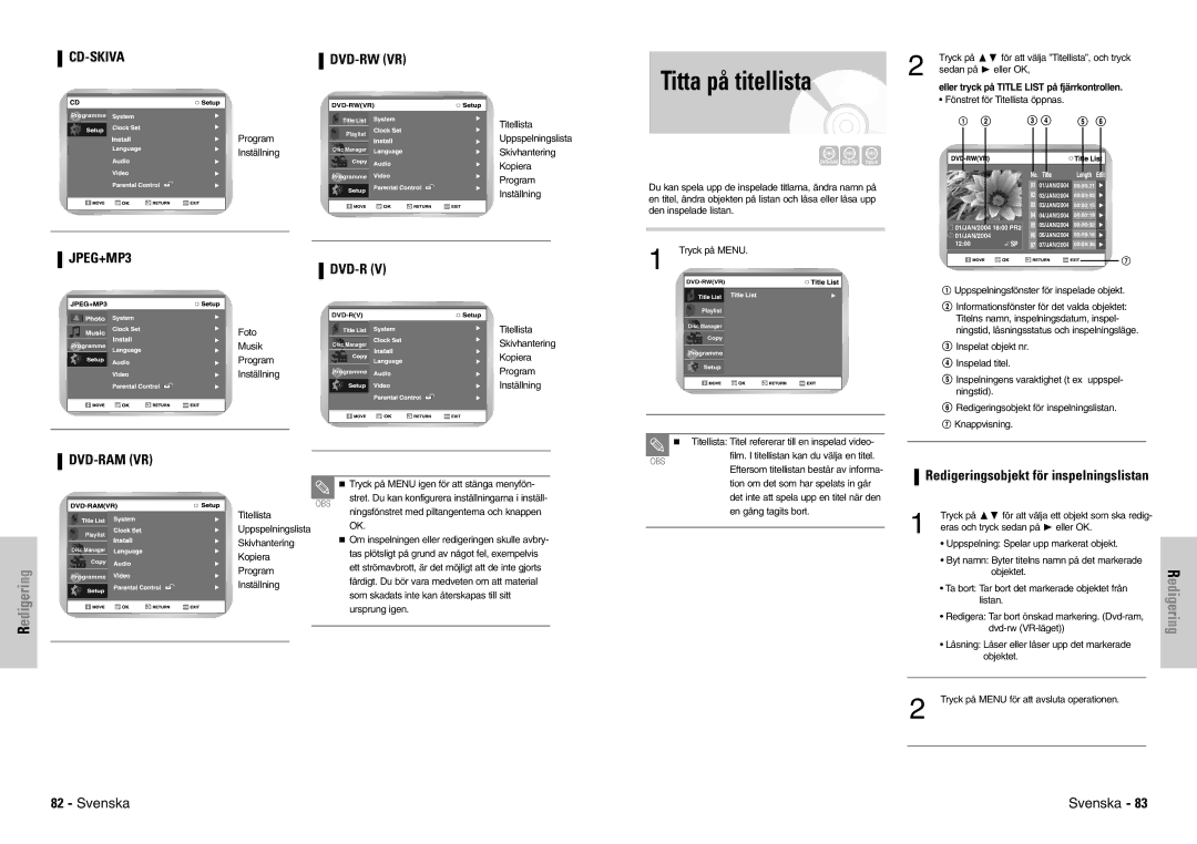 Samsung DVD-VR300E/XEE manual Titta på titellista, Redigering 