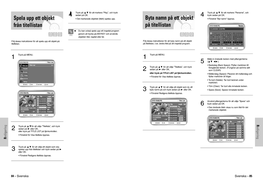 Samsung DVD-VR300E/XEE manual Spela upp ett objekt från titellistan, EdigeringR 