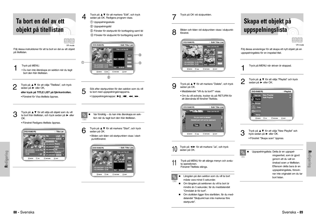 Samsung DVD-VR300E/XEE manual Skapa ett objekt på uppspelningslista, Ta bort en del av ett objekt på titellistan 