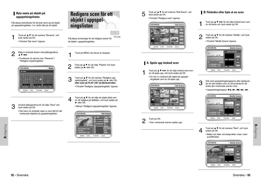 Samsung DVD-VR300E/XEE manual Redigera scen för ett objekt i uppspel- ningslistan, Förändra eller byta ut en scen 