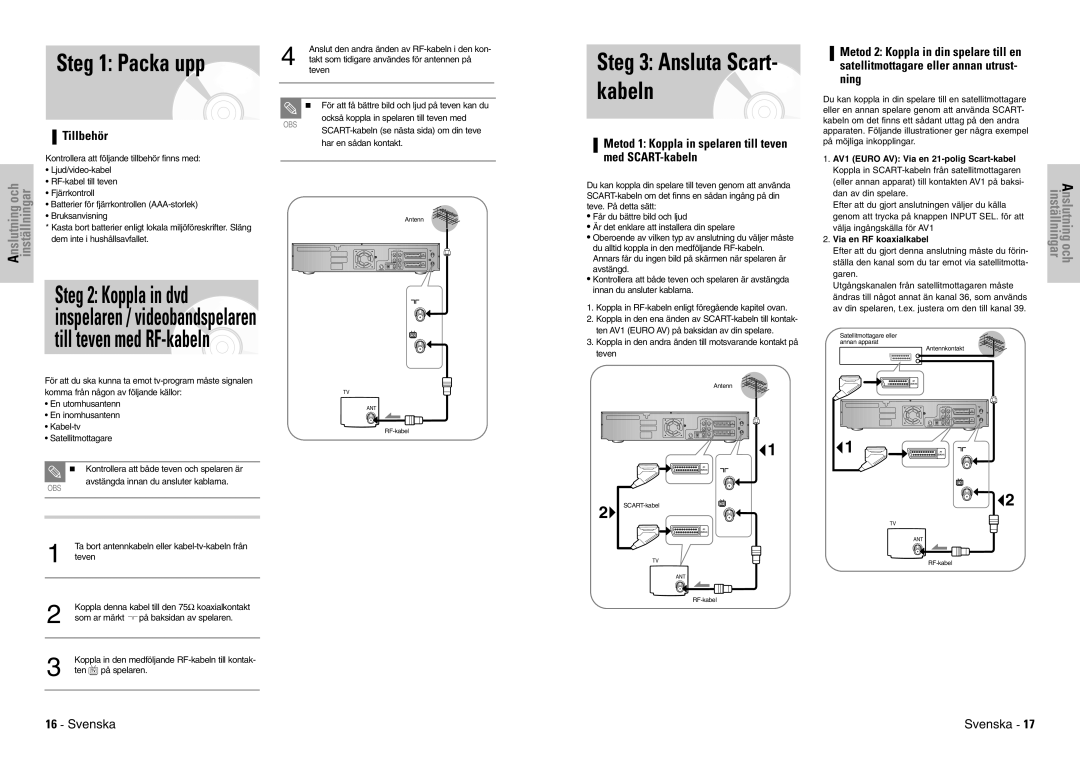 Samsung DVD-VR300E/XEE manual Steg 1 Packa upp, Steg 3 Ansluta Scart- kabeln, Tillbehör 