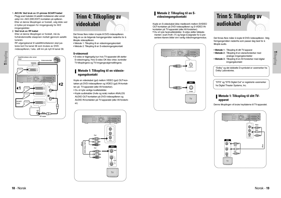 Samsung DVD-VR300E/XEE manual Trinn 4 Tilkopling av videokabel, Trinn 5 Tilkopling av audiokabel 