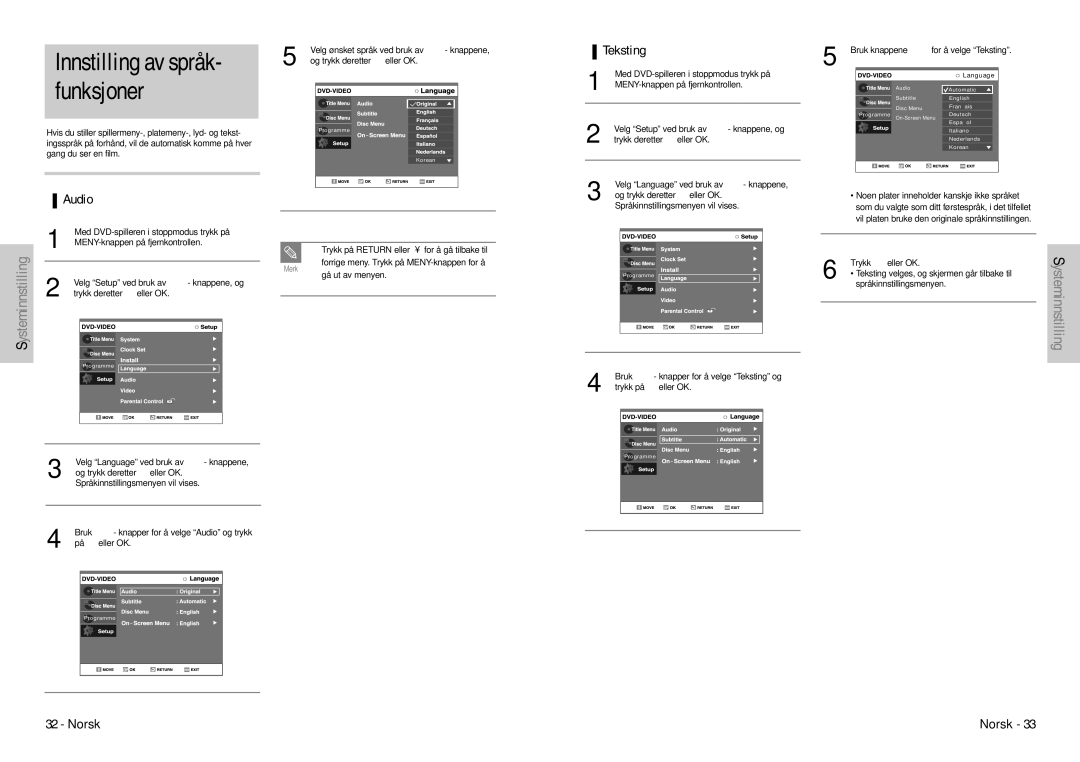Samsung DVD-VR300E/XEE manual Innstilling av språk- funksjoner, Teksting, Audio 