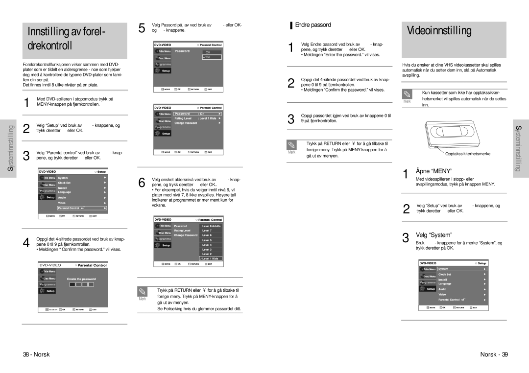 Samsung DVD-VR300E/XEE manual Innstilling av forel- drekontroll, Ysteminnstilling, Endre passord, Velg System 