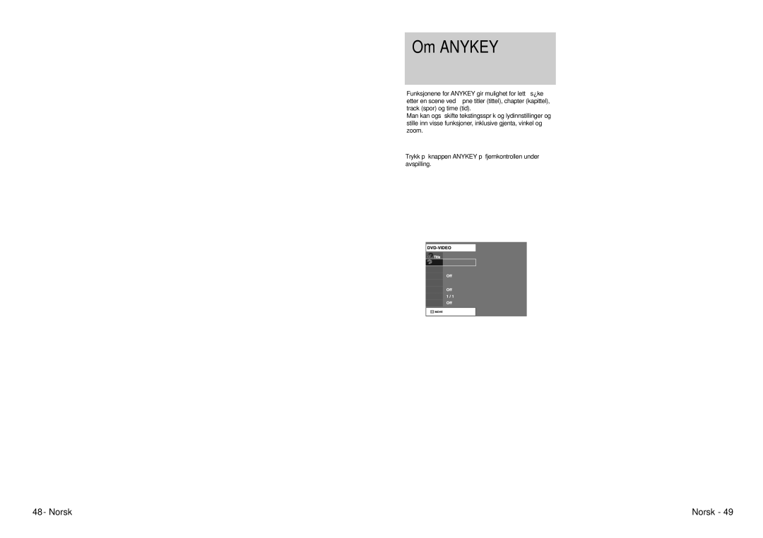 Samsung DVD-VR300E/XEE manual Om Anykey, Bruk av søke- og hopp over-funksjonene 