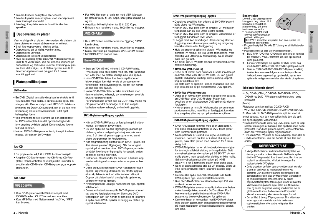 Samsung DVD-VR300E/XEE manual Oppbevaring av plater, Platespesifikasjoner 