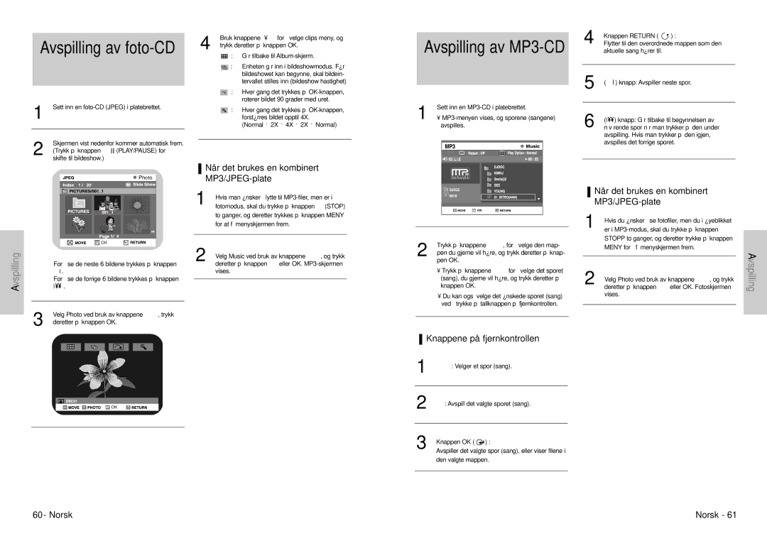 Samsung DVD-VR300E/XEE Avspilling av foto-CD, Når det brukes en kombinert MP3/JPEG-plate, Knappene på fjernkontrollen 