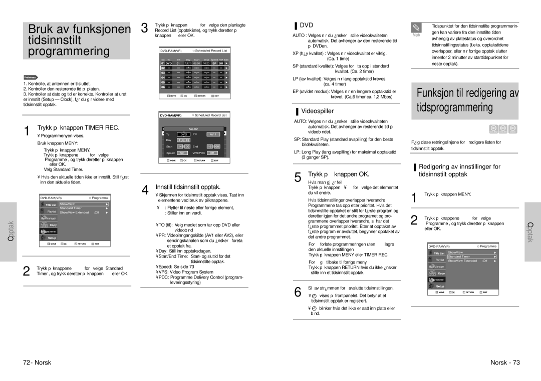 Samsung DVD-VR300E/XEE manual Tidsinnstilt, Programmering, Funksjon til redigering av tidsprogrammering, Videospiller 