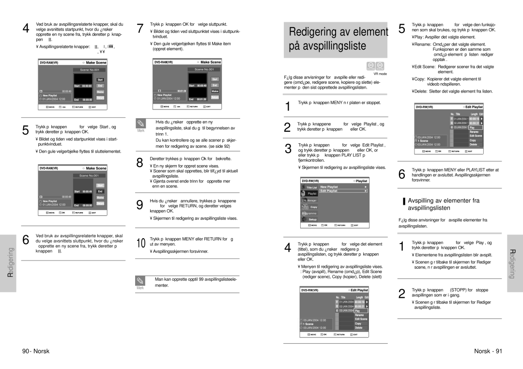 Samsung DVD-VR300E/XEE manual Redigering av element på avspillingsliste, Avspilling av elementer fra avspillingslisten 