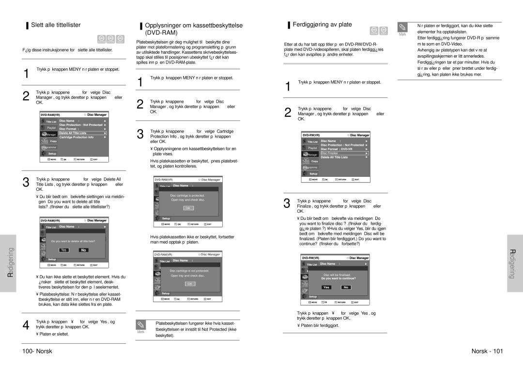 Samsung DVD-VR300E/XEE manual Slett alle tittellister, Opplysninger om kassettbeskyttelse DVD-RAM, Ferdiggjøring av plate 