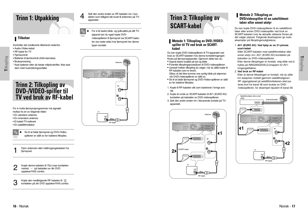 Samsung DVD-VR300E/XEE manual Trinn 1 Utpakking, Trinn 3 Tilkopling av SCART-kabel, Tilbehør, Ved bruk av RF-kabel 
