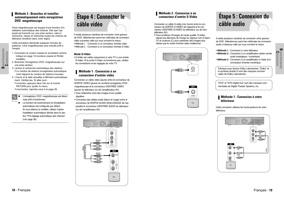 Samsung DVD-VR300E/XEF manual Étape 4 Connecter le câble vidéo, Étape 5 Connexion du câble audio 