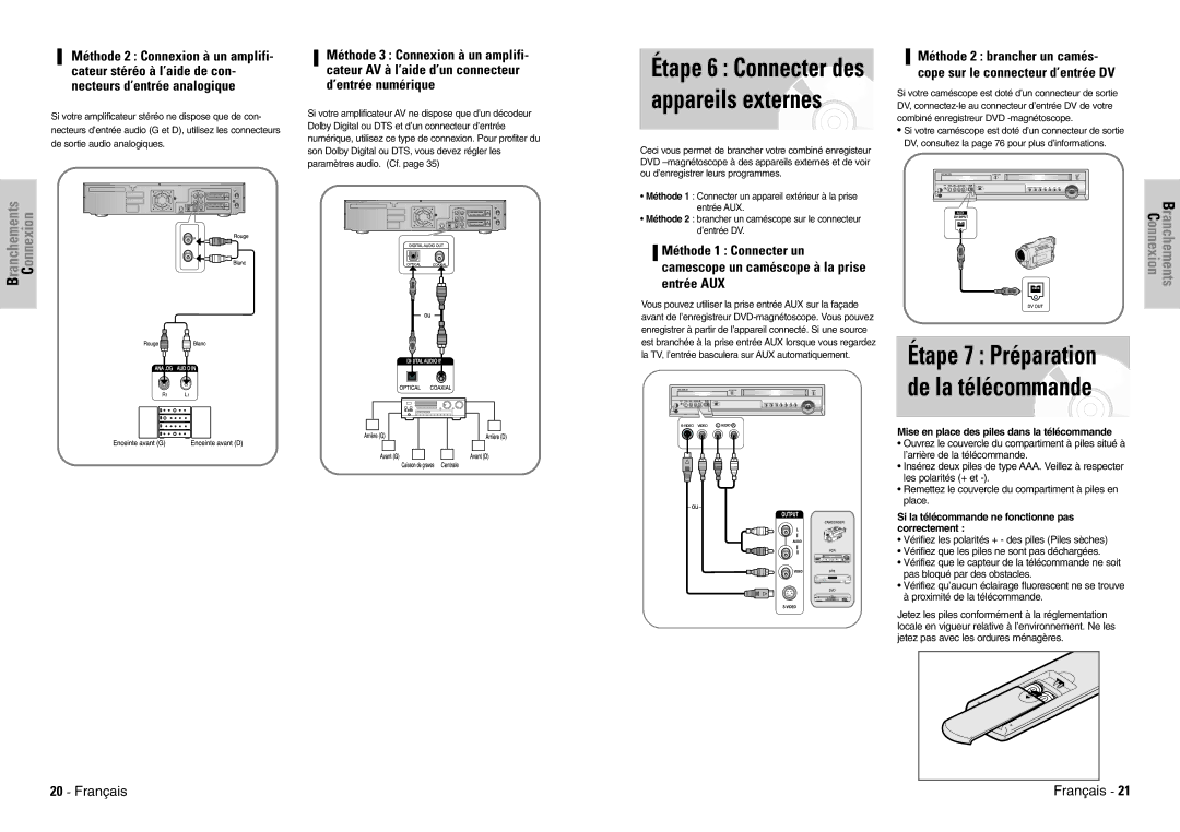 Samsung DVD-VR300E/XEF manual Étape 7 Préparation de la télécommande, Connexion 