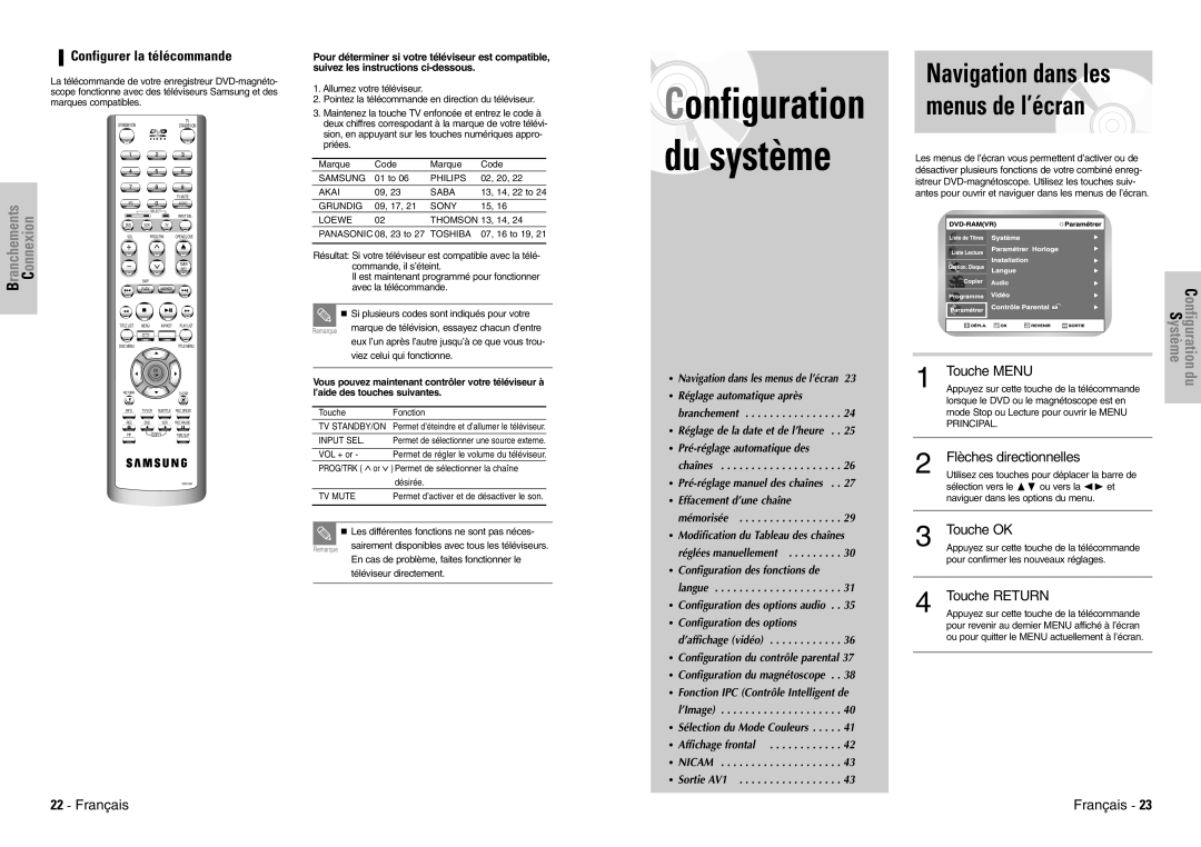 Samsung DVD-VR300E/XEF manual Menus de l’écran, Configurer la télécommande 