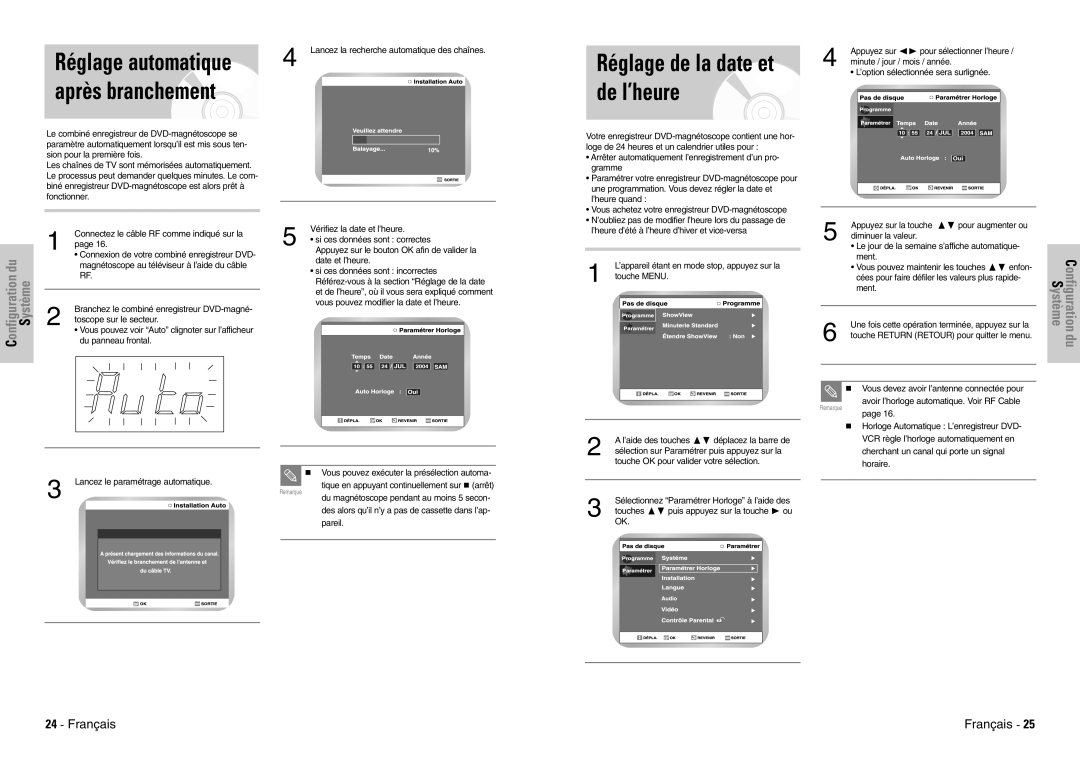 Samsung DVD-VR300E/XEF manual Réglage automatique après branchement 