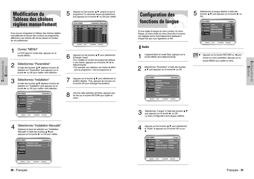 Samsung DVD-VR300E/XEF Modification du Tableau des chaînes réglées manuellement, Configuration des fonctions de langue 