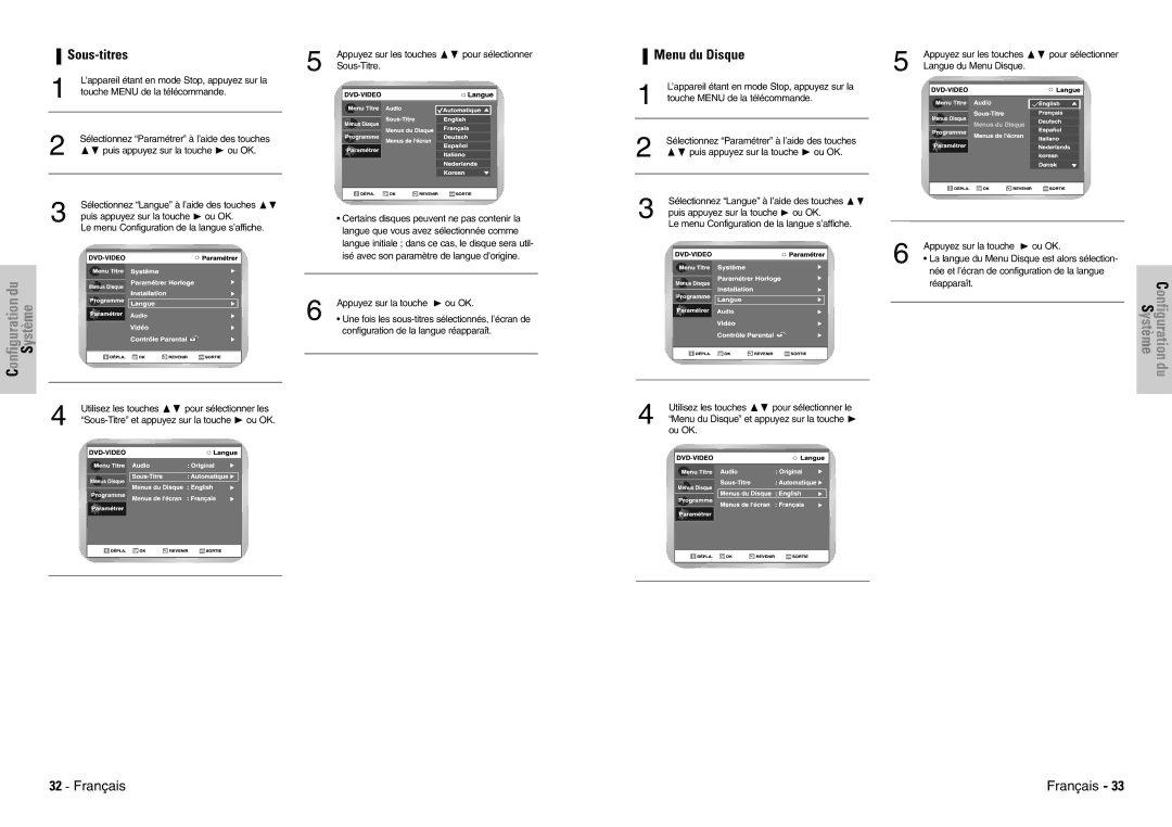 Samsung DVD-VR300E/XEF manual Sous-titres, Menu du Disque 