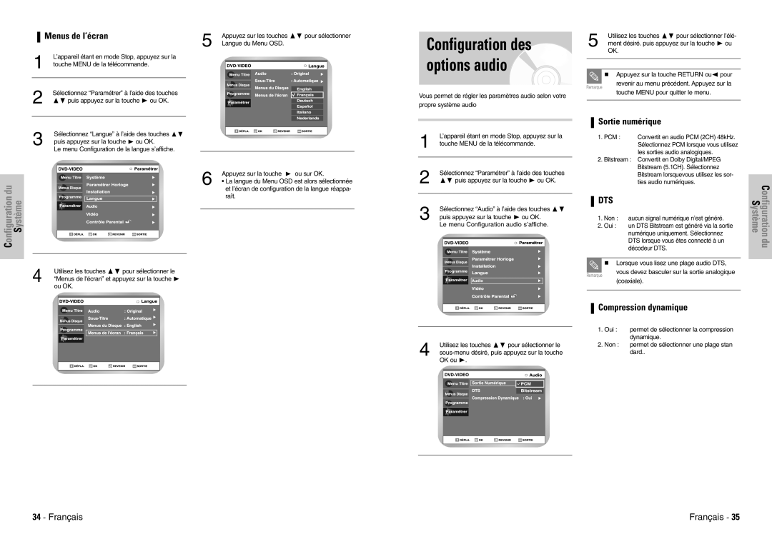 Samsung DVD-VR300E/XEF manual Configuration des options audio, Menus de I’écran, Sortie numérique, Compression dynamique 