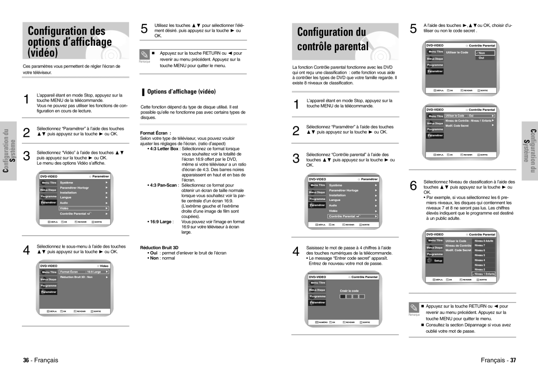 Samsung DVD-VR300E/XEF manual Contrôle parental, Configuration des options d’affichage vidéo, Options d’affichage vidéo 