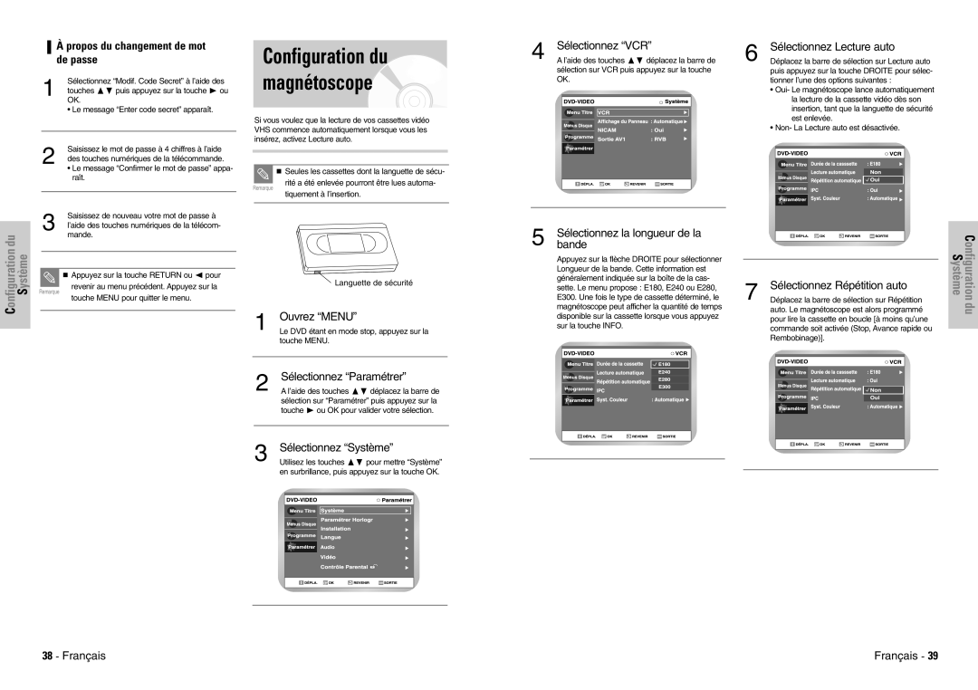 Samsung DVD-VR300E/XEF manual Configuration du magnétoscope, Propos du changement de mot de passe 