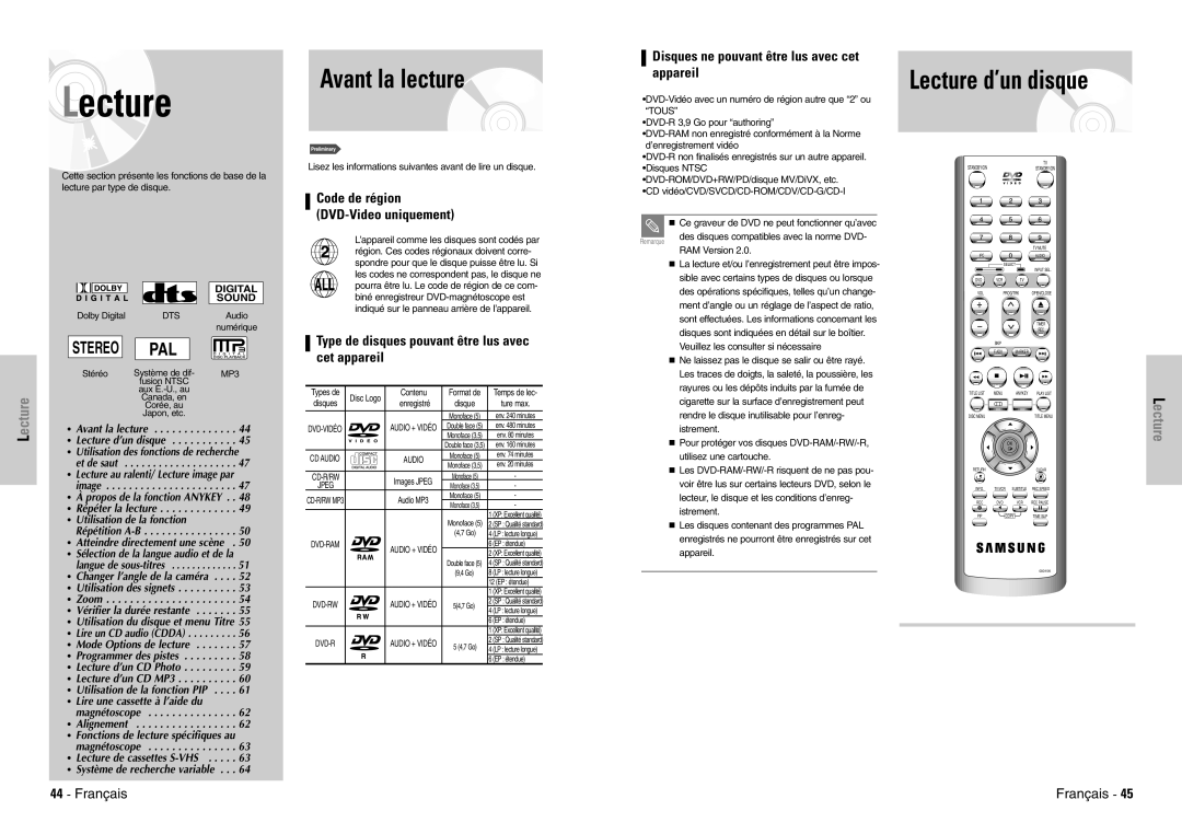 Samsung DVD-VR300E/XEF manual Avant la lecture, Lecture d’un disque, Disques ne pouvant être lus avec cet, Appareil 