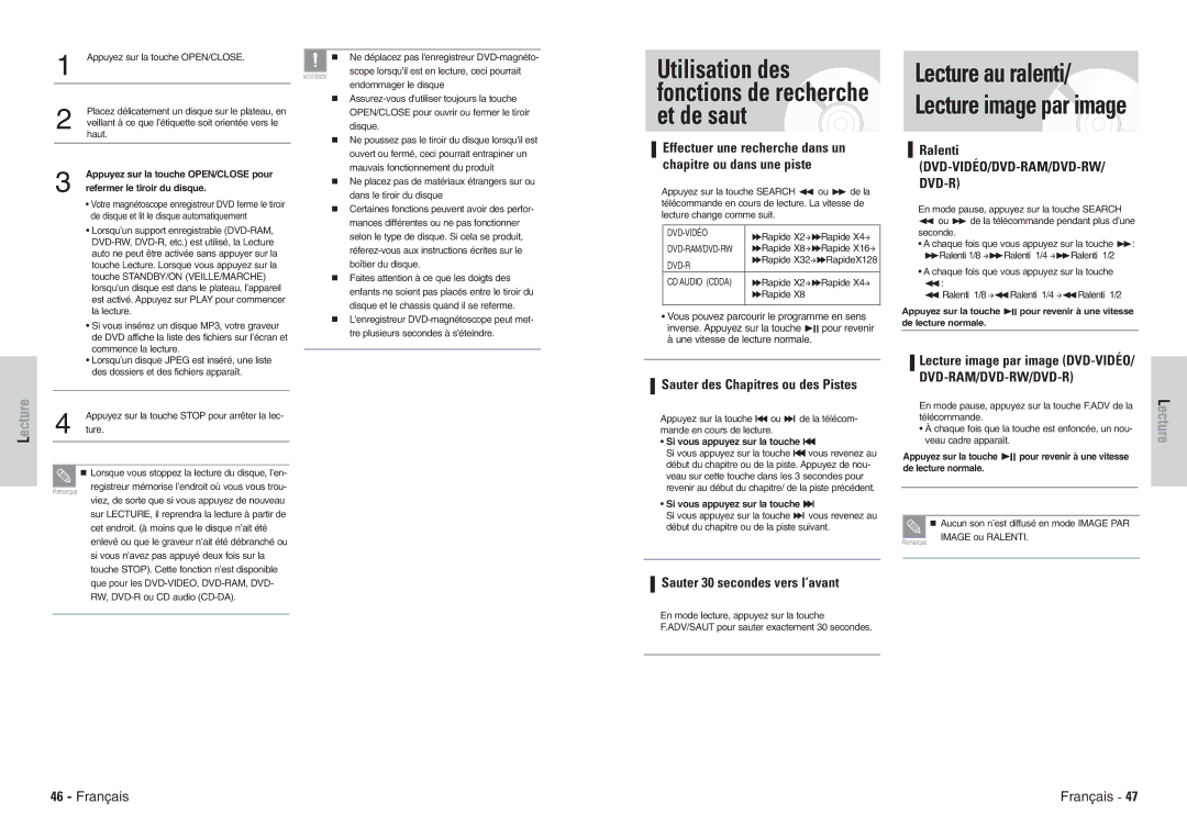 Samsung DVD-VR300E/XEF manual Utilisation desLecture au ralenti, Et de saut, Sauter des Chapitres ou des Pistes 