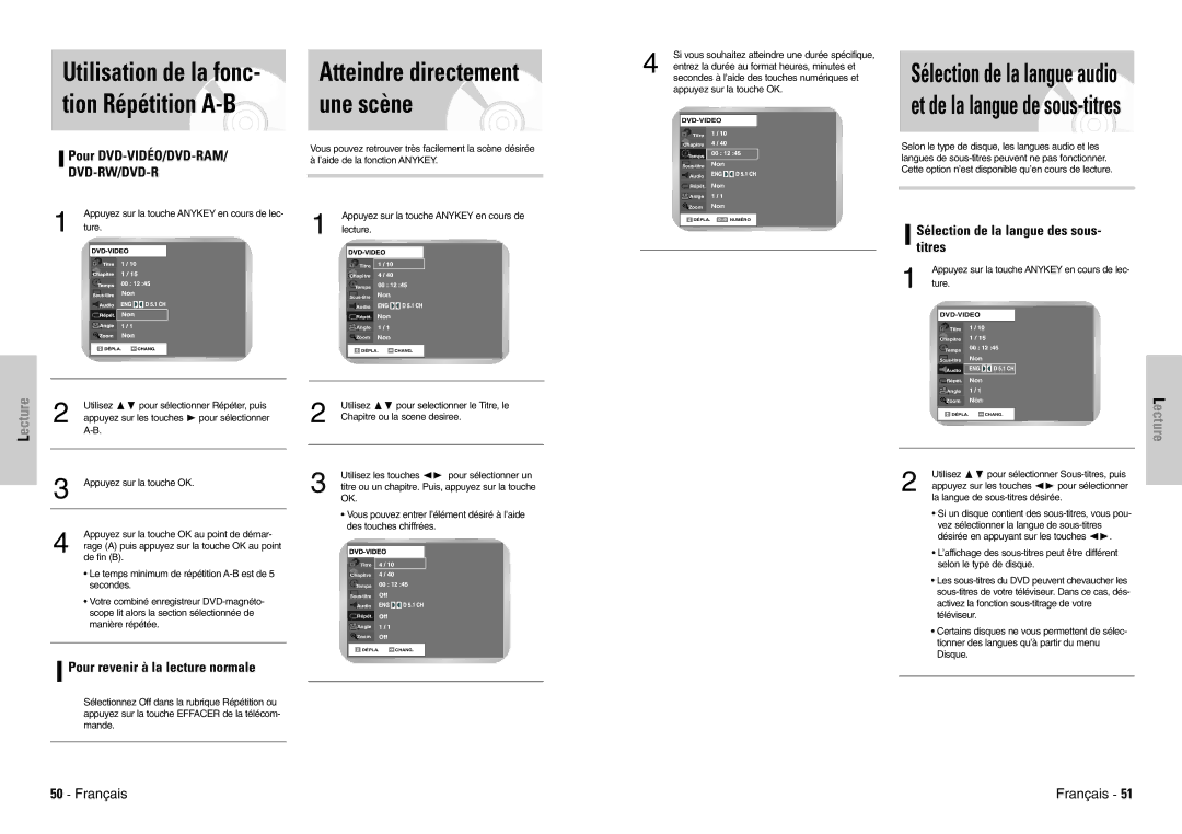 Samsung DVD-VR300E/XEF manual Utilisation de la fonc- tion Répétition A-B, Atteindre directement une scène 