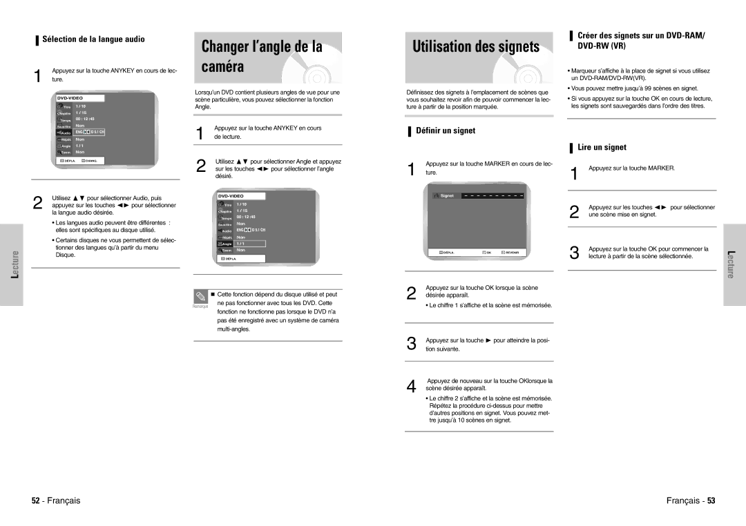 Samsung DVD-VR300E/XEF manual Sélection de la langue audio, Créer des signets sur un DVD-RAM/ DVD-RW VR, Définir un signet 