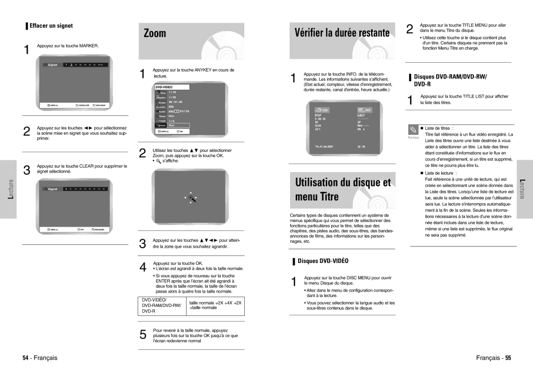 Samsung DVD-VR300E/XEF manual Zoom, Utilisation du disque et menu Titre, Vérifier la durée restante 