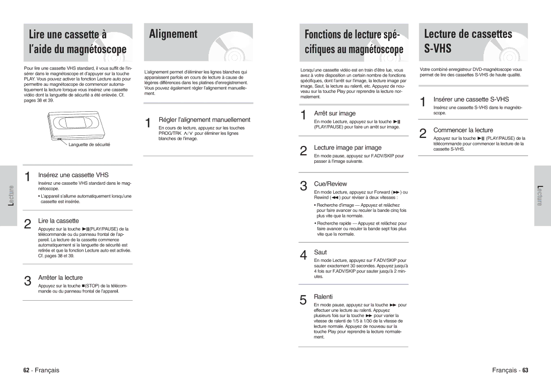 Samsung DVD-VR300E/XEF manual Alignement, ’aide du magnétoscope Fonctions de lecture spé 