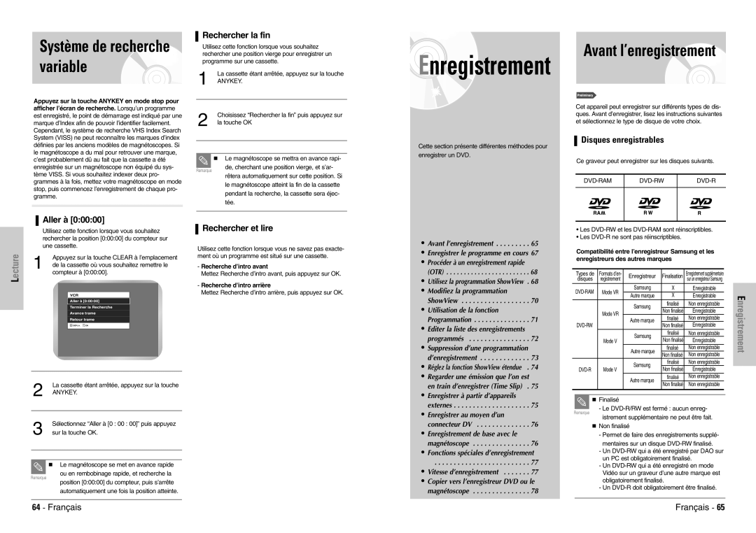 Samsung DVD-VR300E/XEF Disques enregistrables, Anykey, Dvd-Ram Dvd-Rw, Recherche d’intro avant, Recherche d’intro arrière 