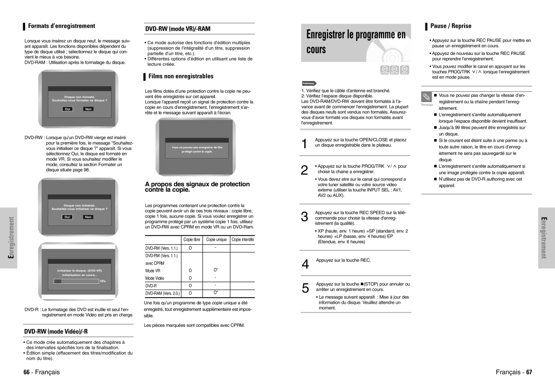 Samsung DVD-VR300E/XEF manual Cours, Enregistrer le programme en, Enregistrement 